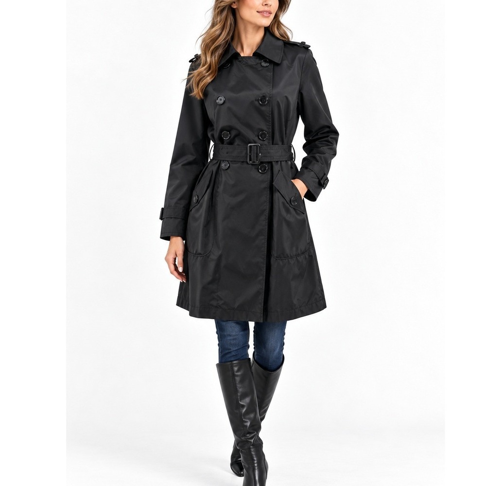 Liz Claiborne Black Double Breasted Belted Trench Coat Womens XL Long Sleeve